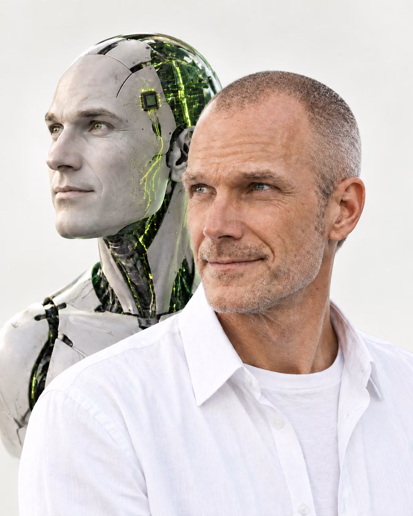 Illustration: Timme Tvede i profil med en menneskelignende AI-robot med lysende kredsløb bag sig